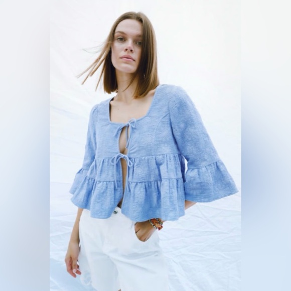 Zara Tops - Zara Light Blue Tie-Front Tiered Blouse